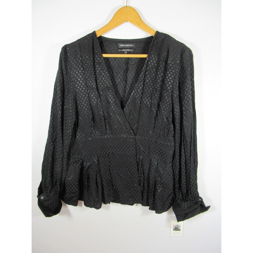 NEW Something Navy Wrap Blouse Women Large Black Viscose V-neck
